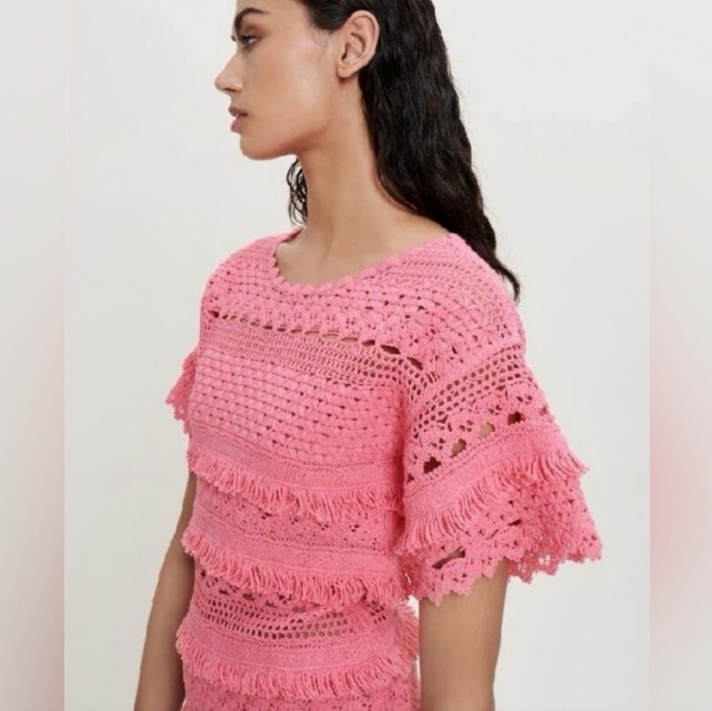 Maje Rosy Pink Crochet Fringe Short Sleeve Mini Dress NWT - Picture 4 of 16